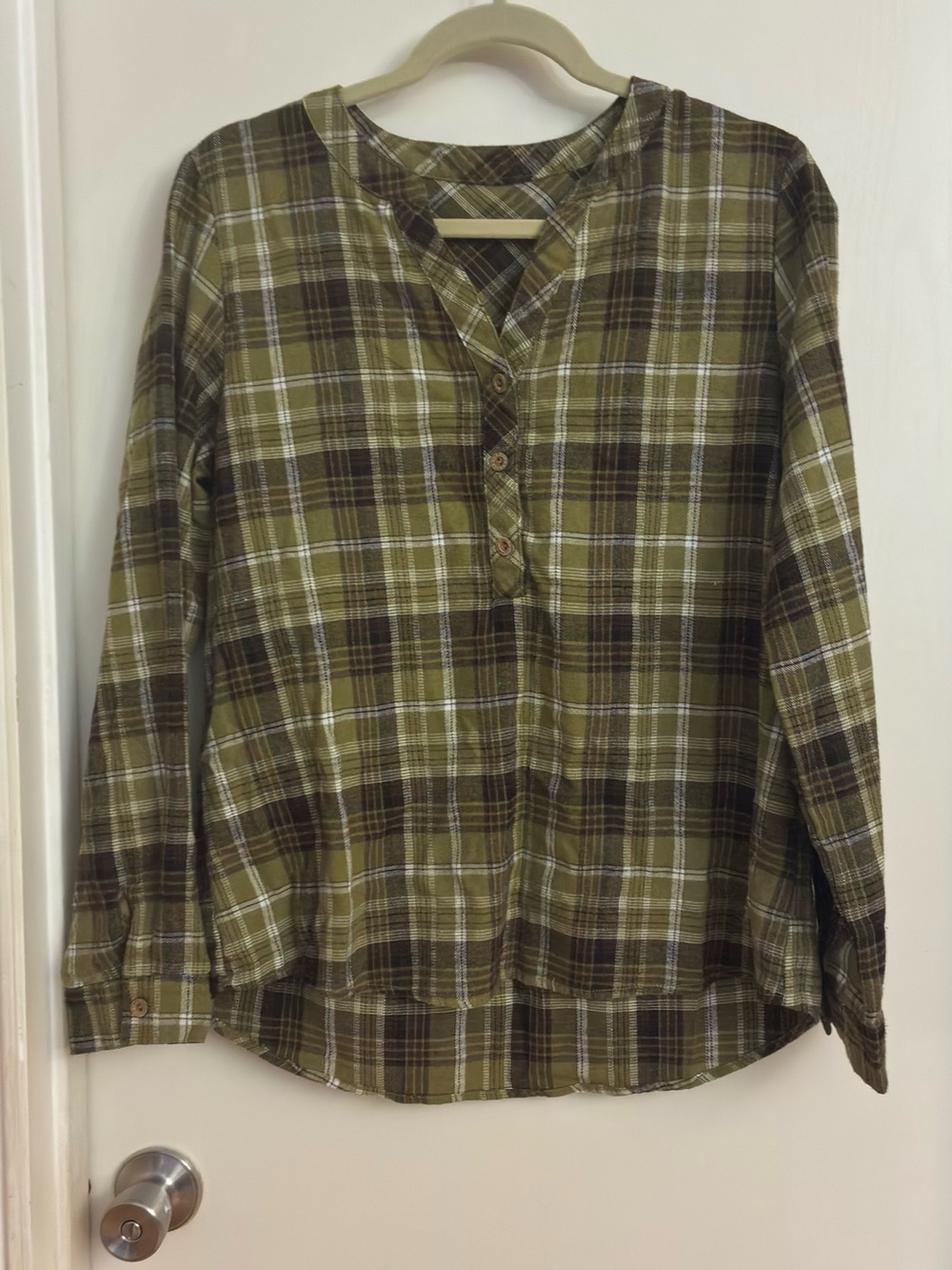 Olive Plaid Long-Sleeve Henley Shirt -women’s